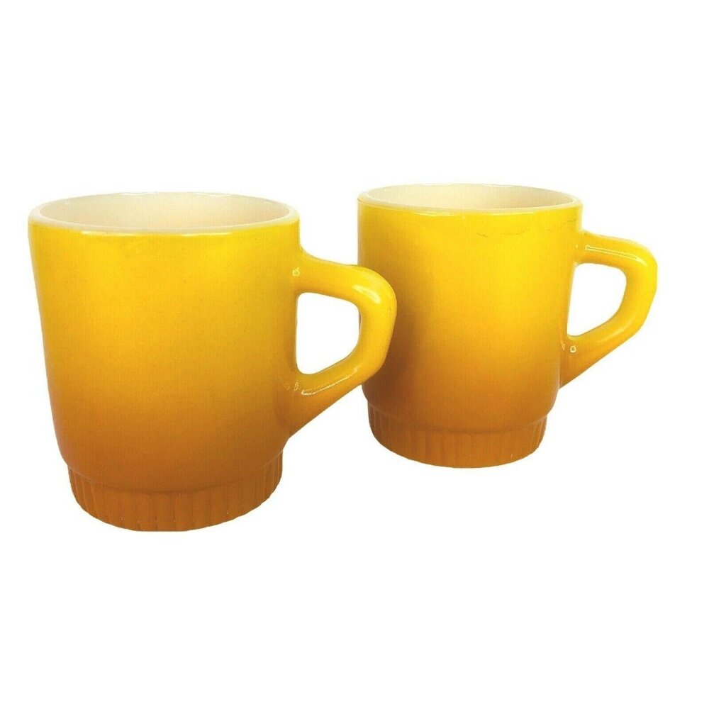 2‎ Vintage Fire King Stacking Butterscotch Mugs Ombre Yellow D Handle Milk Glass